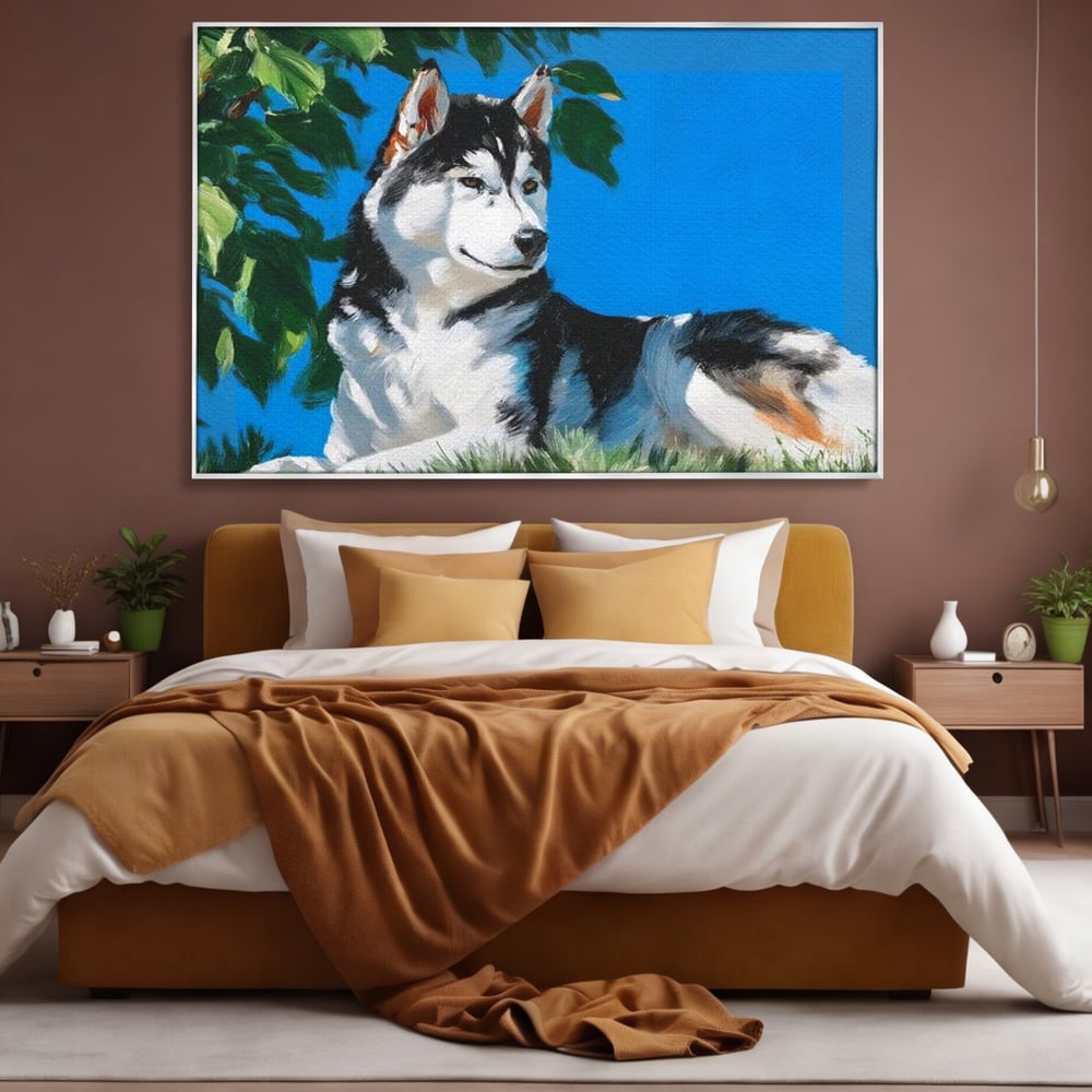 Tablou canvas cu tablou canvas cu husky sub copac, in rama de aluminiu argintiu, pe perete intr-un dormitor